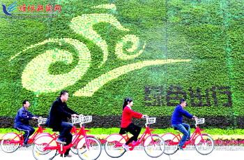 市民騎公共自行車(chē)路過(guò)市人民廣場(chǎng)一處花壇。記者 張馳